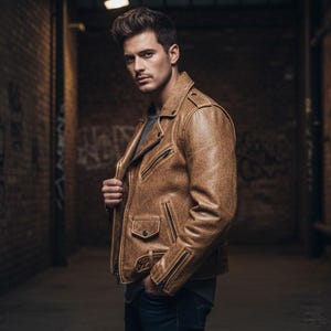 May include: A brown leather jacket with a classic biker style. The jacket features a notched collar, multiple zippered pockets, and a slightly distressed finish. The model is wearing a gray shirt and blue jeans.