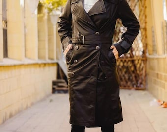 Real Leather Trench Coat for Women | Long Black Leather Duster | Double Breasted Winter Jacket