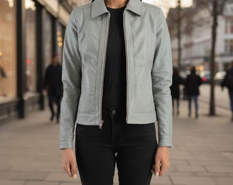 Women's Light Grey Real Leather Jacket | Genuine Lambskin Zip Up Coat | Shirt Collar Jacket