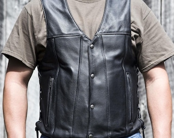 Black Real Leather Motorcycle Vest for Men | Side Laces, V-Neck Snap Button Vest