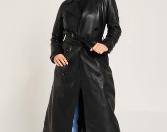 Black Leather Trench Coat Women Genuine Real Leather Long Belted Overcoat