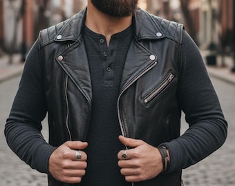 Men's Casual Black Leather Vest | Motorcycle Style Sleeveless Jacket | Everyday Biker Vest