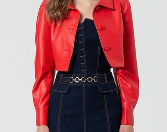 Vibrant Red Leather Bolero Jacket - Cropped Puff Sleeve Genuine Leather Shrug - Statement Chic Outerwear