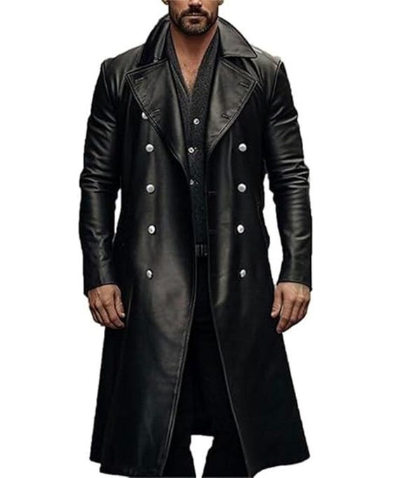Men's Black Leather Trench Coat | Double-breasted Long Overcoat