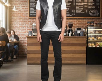 Handgemaakt zwart leren vest: bikervest met knopen
