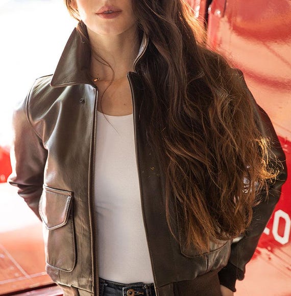 Women's Brown Leather A2 Flight Jacket Vintage Bomber Aviator Coat