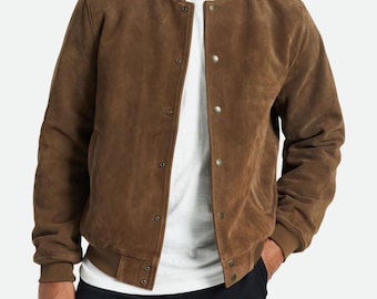 Men’s Brown Suede Bomber Jacket – Handmade Casual Leather Coat with Snap Buttons & Ribbed Cuffs