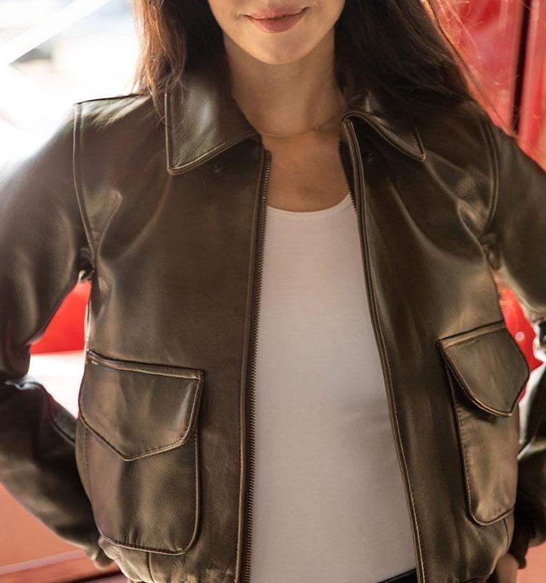 Women's Brown Leather A2 Flight Jacket Vintage Bomber Aviator Coat