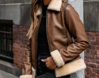Handmade Brown Leather Bomber Jacket: Vintage Shearling Aviator Coat