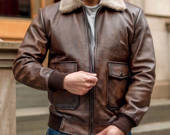 Braune Echtleder Shearling Kragen Jacke | Aviator Style B3 Bomberjacke | Herren Schaffell Wintermantel