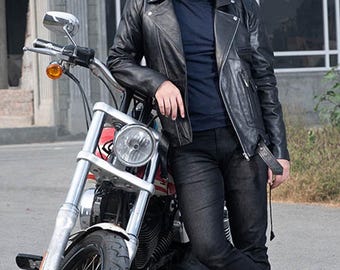Men's Real Leather Biker Jacket - Black Double Rider Motorcycle Coat - Genuine Cowhide Moto Jacket
