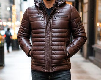 Men's Brown Leather Puffer Jacket | Handmade Hooded Quilted Winter Coat | Christmas Gift for Him