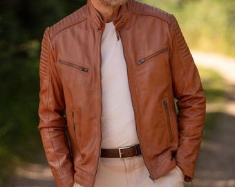 Handmade Tan Leather Cafe Racer Jacket: Quilted Shoulder Biker Coat