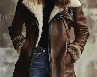 Women's Real Leather Trench Coat | Brown Shearling Collar Jacket | Long Aviator B3 Bomber Style