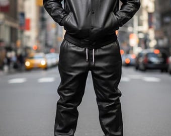 Men's Real Leather Tracksuit Set | Black Leather Bomber Jacket & Joggers | Handmade Urban Streetwear