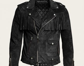 Black Real Leather Fringe Biker Jacket Men's, Western Tassel Motorcycle Coat, Rocker Festival Outfit