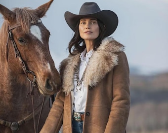 Western Real Suede Leather Trench | Brown Cowgirl Jacket with Shearling  | Handmade Ranch Style Outerwear