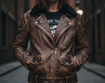 Handmade Distressed Brown Leather Biker Jacket - Women's Vintage Motorcycle Coat
