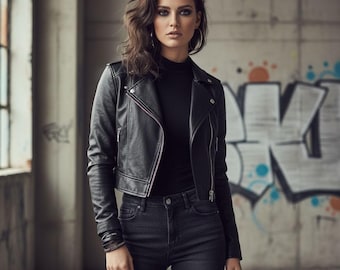 Classic Black Real Leather Biker Jacket for Women - Rock and Roll Grunge Edgy Fashion