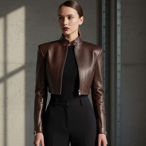 May include: A cropped brown leather jacket with a high collar and a front zipper. The jacket has long sleeves with zippers at the cuffs. The model is wearing a black top and black pants.