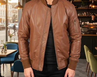 Chaqueta bomber de cuero marrón hecha a mano: estilo aviador vintage para hombre