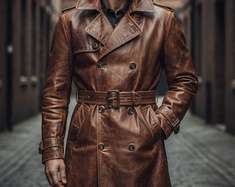 May include: A brown leather trench coat with a double-breasted design, a belt, and a wide collar. The coat has multiple buttons and pockets. The leather appears distressed, giving it a vintage look. The coat is long, reaching the mid-calf.