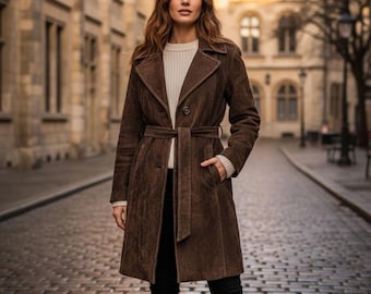 Handmade Brown Suede Trench Coat, Women's Genuine Leather Belted Long Jacket, Classic Winter Overcoat