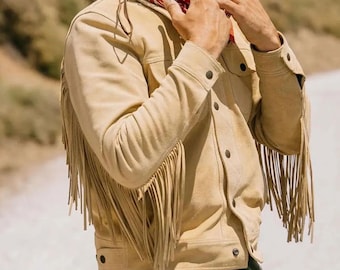 Men's Suede Fringe Western Jacket | Real Leather Cowboy Coat | Tan Tassel Rodeo Style Outerwear
