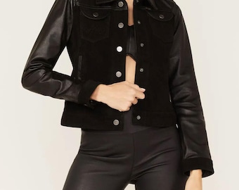 Handmade Women's Black Suede & Leather Trucker Jacket | Moto Western Style