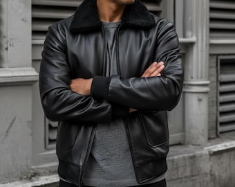 Handmade Black Leather Bomber Jacket: Men's Shearling Aviator Coat