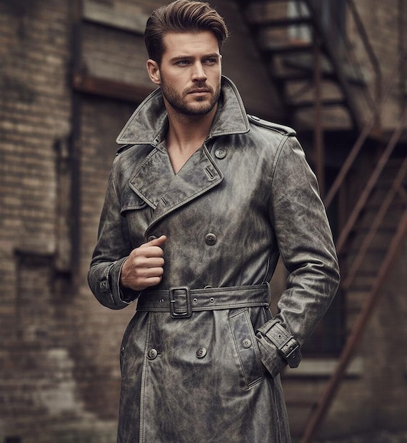 Vintage Grey Distressed Leather Trench Coat | Men's Heavy Waxy