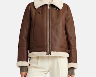 Women’s Brown Aviator Jacket | Real Leather Shearling Coat | B3 Bomber Style | Winter Sherpa Lined