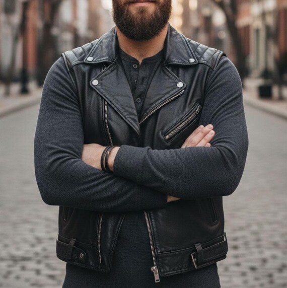 Men's Casual Black Leather Vest | Motorcycle Style Sleeveless