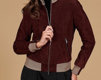 Rich Burgundy Suede Bomber Jacket | Women's Luxury Leather Coat | Fall Outerwear | Zip-Up Style