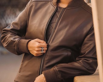 Handmade Brown Lambskin Leather Bomber Jacket | Women's Classic Coat