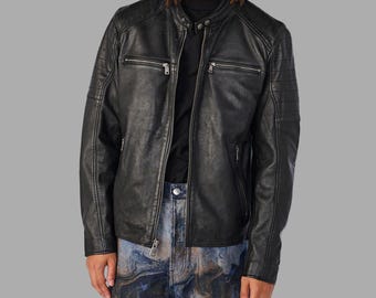 Men's Real Black Leather Biker Jacket with Quilted Shoulders | Classic Motorcycle Racer Style Coat