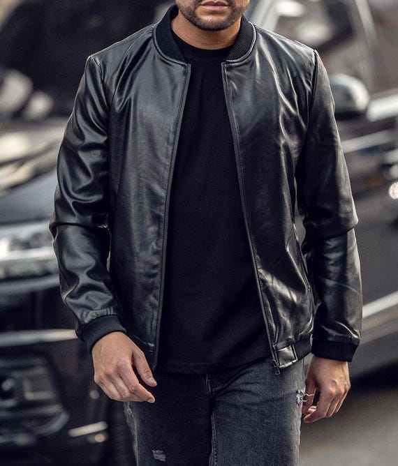 Men's Real Leather Bomber Jacket, Black Minimalist Streetwear