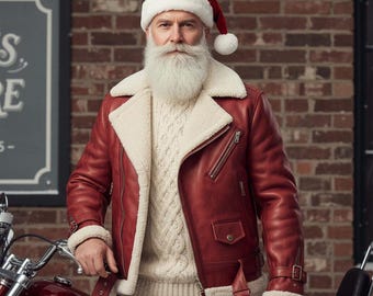 Red Real Leather Jacket Men, Santa Style Shearling Coat, Fur Lined Biker Jacket