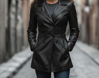 Women's Black Leather Trench Coat | Handmade Double Breasted Pea Coat | Genuine Lambskin Winter Overcoat