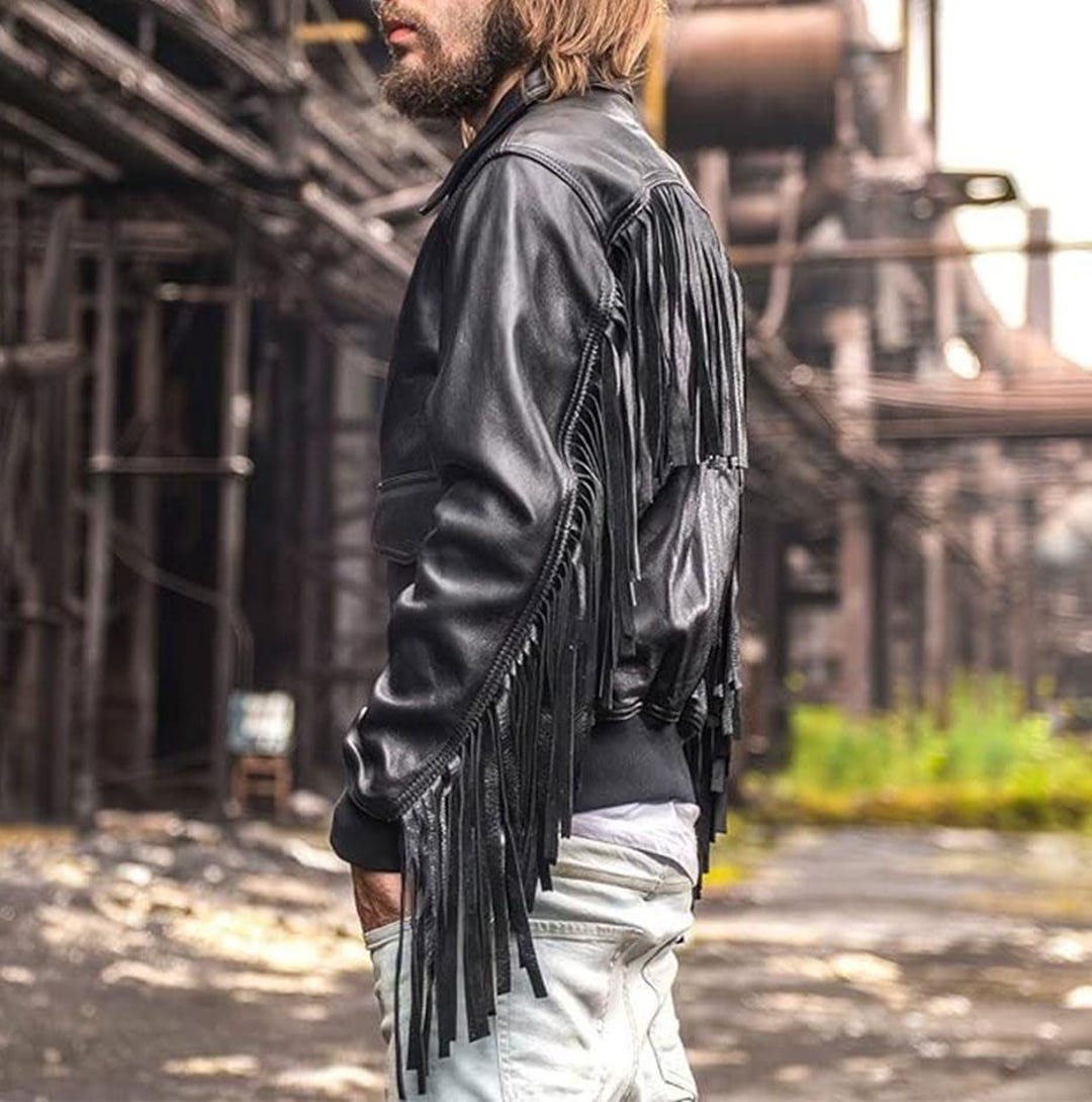 ウエスタンカウボーイ バイカー レザージャケット フリンジ ビーズ 黒 ウエスタン レザー フリンジ ジャケット（ブラック）/Western Leather