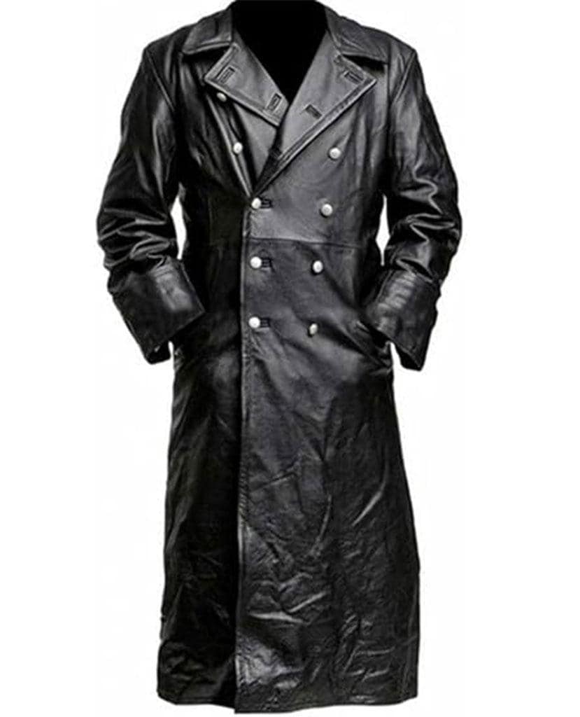 Men's Black Leather Trench Coat | Double-breasted Long Overcoat