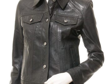 Women's Black Leather Trucker Jacket | Real Lambskin Denim Style Button-Up Moto Coat