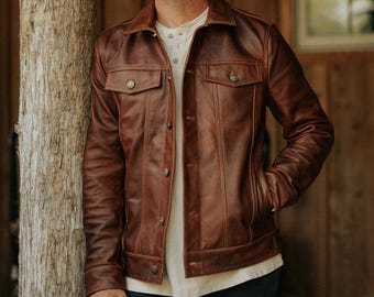 Men's Real Leather Trucker Jacket | Vintage Brown Cowhide Jean Style Coat
