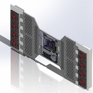 Puede incluir: Vista isométrica de una caja de ordenador con una placa base y múltiples ventiladores rojos. La caja es gris con un patrón geométrico y un borde blanco. La placa base tiene componentes azules, morados y dorados.