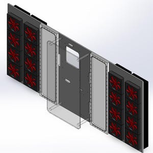 Puede incluir: Vista isométrica de un componente de computadora con múltiples ventiladores de aspas rojas dispuestos en filas. El componente tiene una sección central gris oscuro con una abertura rectangular y paneles transparentes. El diseño sugiere un sistema de refrigeración.