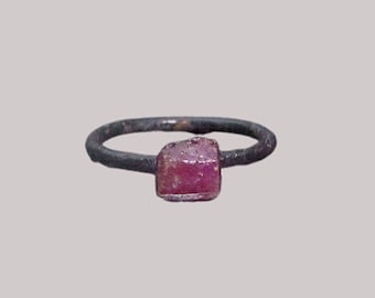 Ruby Crystal Ring, Copper, Electroformed Ring, Raw Stone, July Birthstone, Size 5, Crystal, Stacking Rings, Black Band, Brutalist