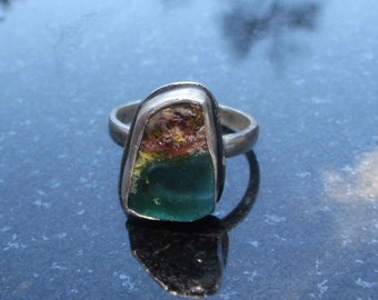 Indonesian Wood Opal Ring, Set in 925 Sterling Silver, Natural Green Brown Opal Wood, Size 10, Opalized Wood, Freeform, Statement