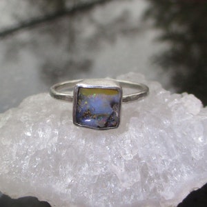 Handmade Square Boulder Opal Ring: Australian Sterling Silver, Size 8