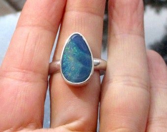 Australian Opal Ring, 925 Sterling Silver, Handmade, Size 9, Rings for Women, Blue Opal Rings