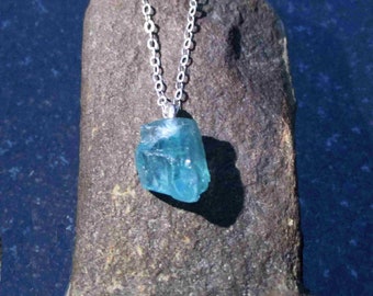 Blue Apatite Crystal Necklace Sterling Silver with Natural Aqua Blue Stone